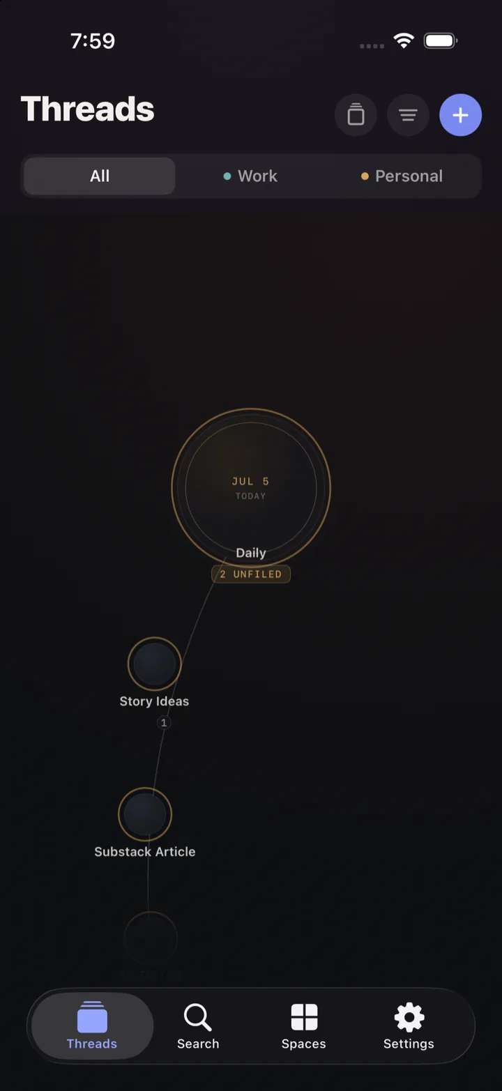 The Constellation home: threads as glowing nodes on a spatial map, connected by shared captures