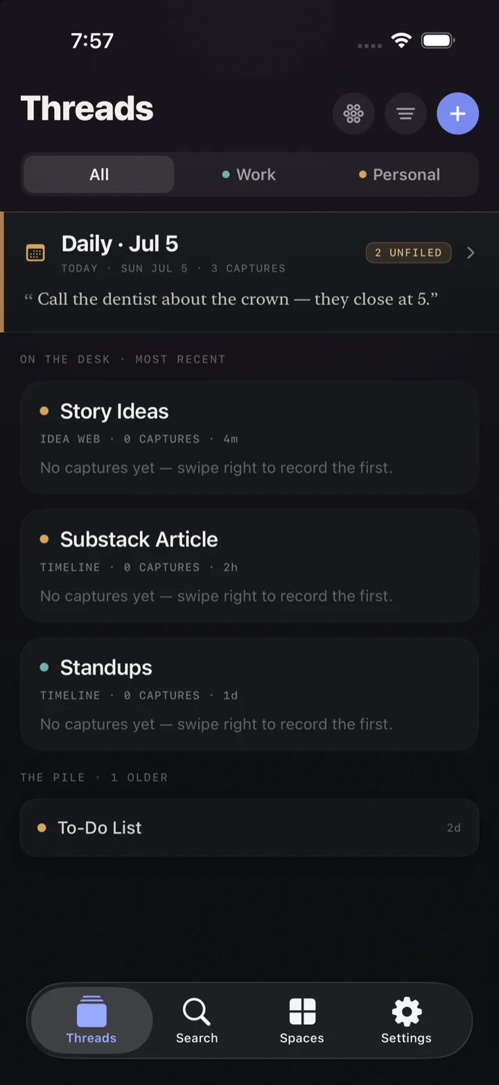 LiveThoughts home screen: the Deck, with a Daily note pinned on top and threads arranged by recency