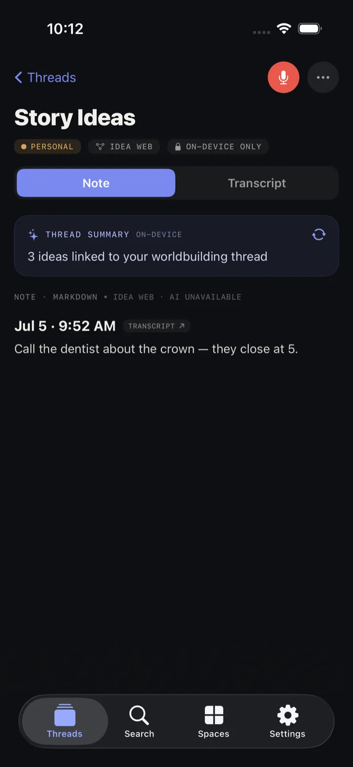 A thread's note view: an on-device thread summary above an organized markdown note with a link back to the transcript