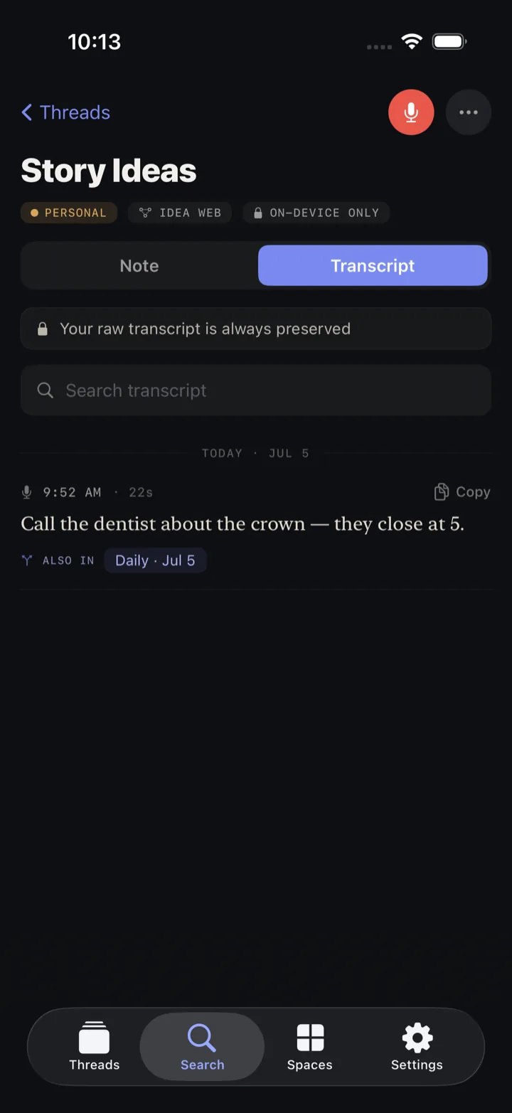 A thread's transcript view: the raw capture set in serif, with a lock note reading 'Your raw transcript is always preserved' and an 'also in Daily' chip